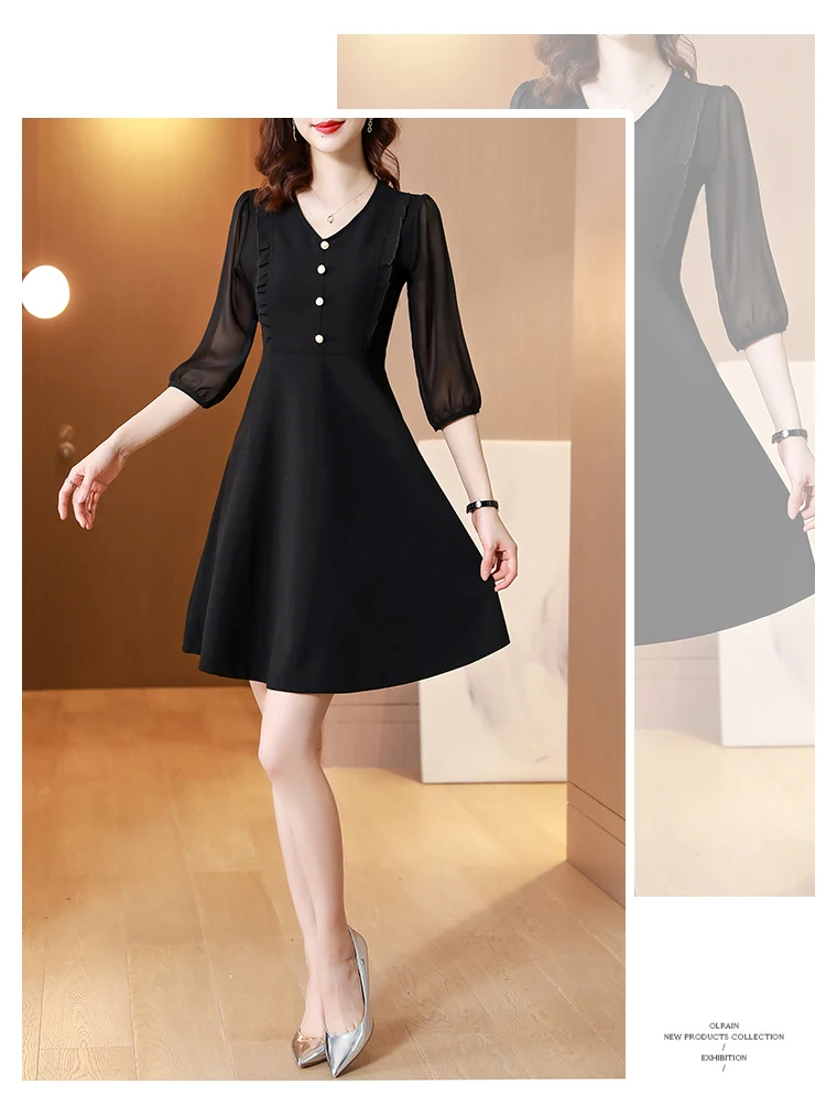 

Women Dresses New Fashion Casual Loose Solid Office Lady A-LINE Button V-Neck Women's Dress Plus Size Knee-Length 20058