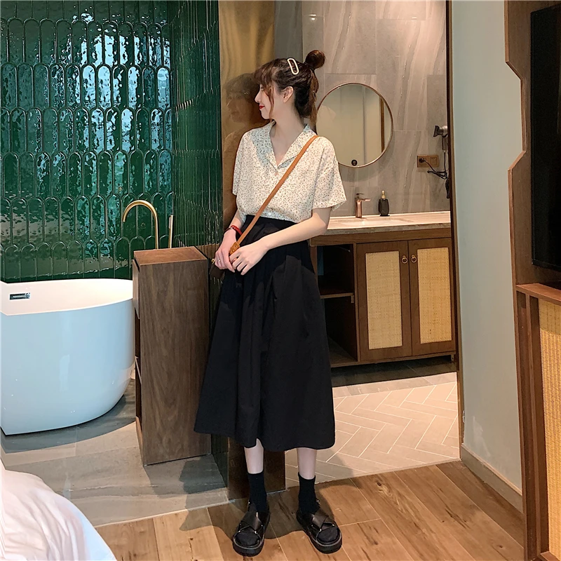 

KUSAHIKI Korean High Waisted Woman Skirts Causal Solid A-line Mid-calf Skirt 2021 Summer New Faldas Mujer Moda 6J345