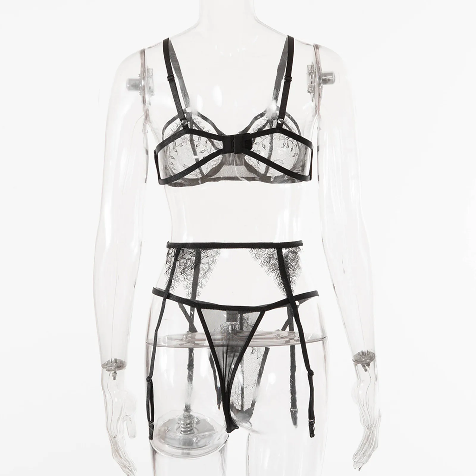 

Lenceria Transparente Mujer Women Wireless Bra Sexy Underwear G-string Garter Set Black Sexy Lingerie