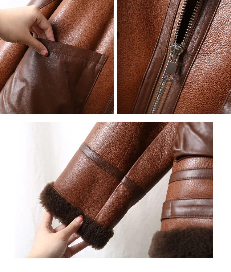 Winter Lamb Fur Bomber Real leather Jacket Women New Sheepskin Double Face Shearling Coat Oversized Genuine Leather Jackets