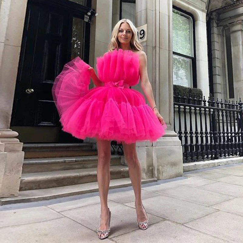 

Hot Pink Strapless Short Prom Formal Dress Girls Robe de soiree Above Knee Puffy Tulle Cocktail Gowns Custom Made