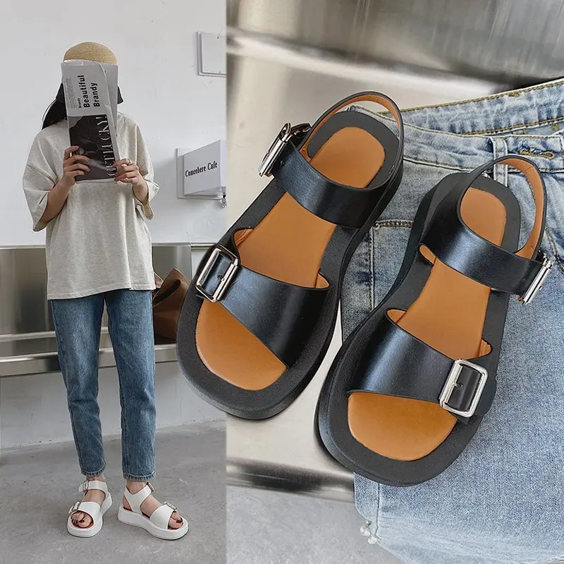 

Summer Women Sandals Platform Belt Buckle Fashion Sandals Leather Flat Square Toe Peep Toe Sandals Outdoor Casual Beach Slippers