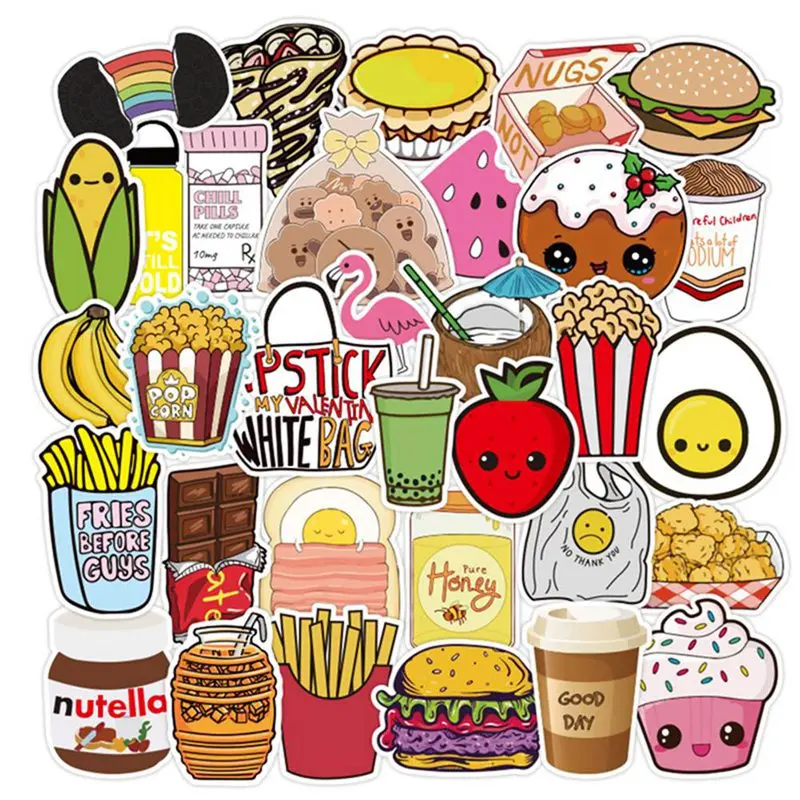 

100PCS Fast Food Stickers Toys For Children Tasty Hamburger Fries Ice Cream Menu Decals Sticker To DIY Fridge Laptop Guitar Car