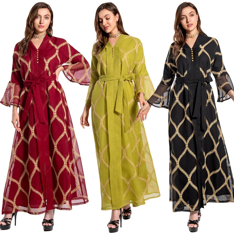 Макси-платье абайя с вышивкой в мусульманском стиле, сетчатый кардиган, кимоно, длинные платья, Юба, Рамадан, ИД, Арабская, Исламская Африка, ...