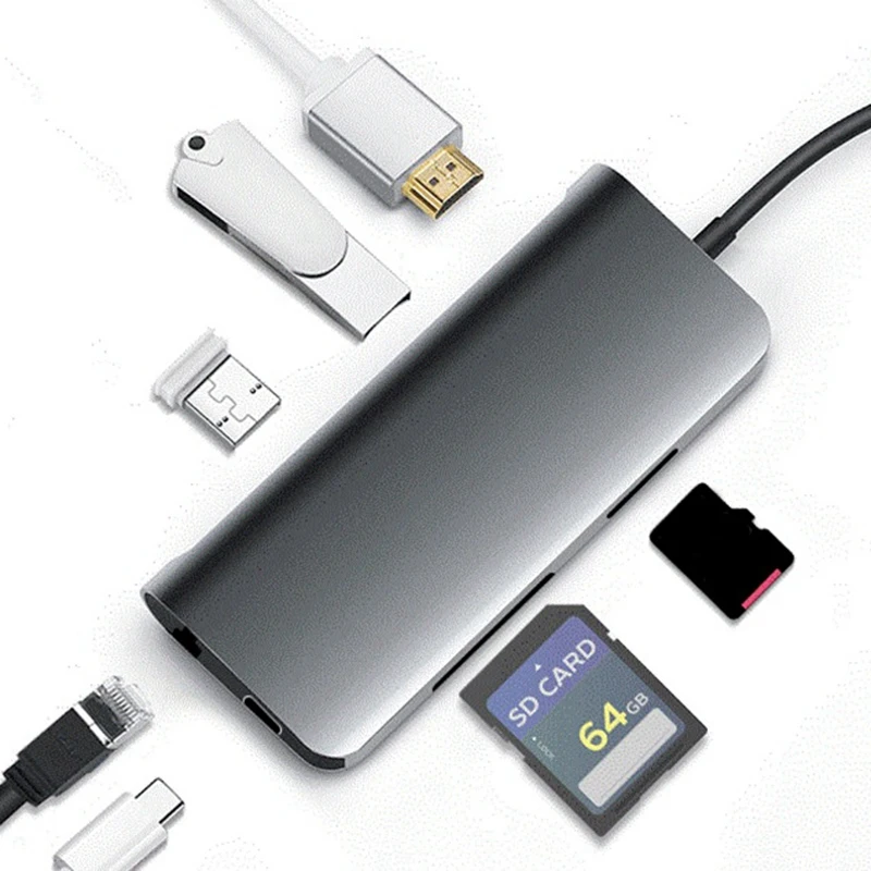 Адаптер 7 в 1 TC71N TYPE C для USB 3 0x2 + HDMI SD/TF кардридер RJ45 серебристо серый|Сетевые