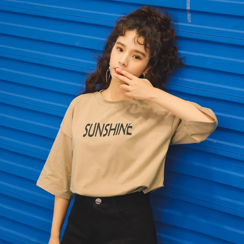

Women Summer Khaki O-Neck Cotton Letter Print T-Shirt Female Fashion Solid Color Plus Size Tees Ladies Brand Casual Tops ZM299