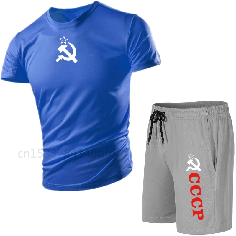 

2021summer new men's sportswear mesh T-shirt + shorts 2-piece men's breathable CCCP printed sportswear set