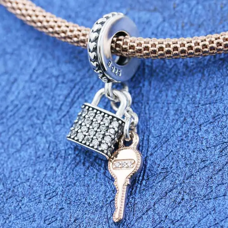 Оригинальная подвеска с замком Pave Lock и ключом Rose Bead, подходящая для браслета из стерлингового серебра 925, европейского стиля, браслета браслета DIY.