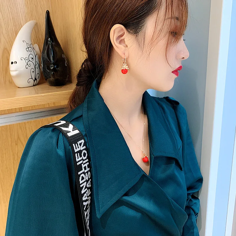 The New Simple Cute Rhinestone Flower Red Bead Korean Sweet Elegant Pendant Necklace for Women Fashion Accessories | Украшения и