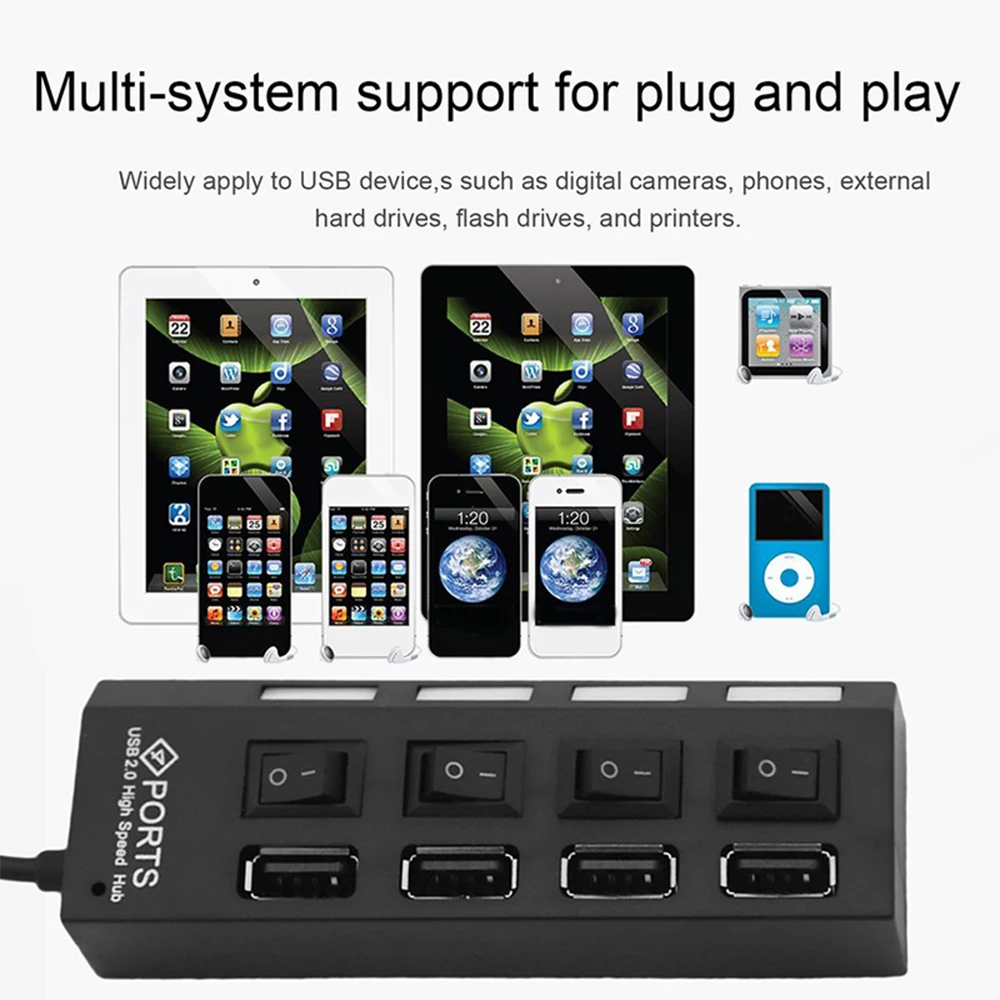 4 порта Micro usb-хаб 2 0 USB разветвитель с индивидуальным переключателем ВКЛ/ВЫКЛ для