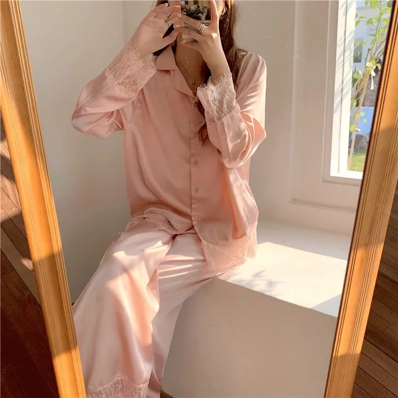 

2021 New Spring Sexy Solid Sleepwear Lace Silk Nightwear Sweet Soft Casual Homewear Loose Fashion Women Pajamas Set