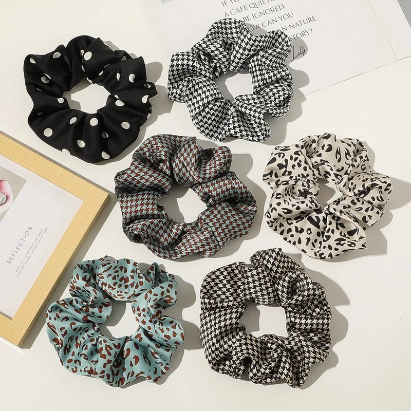 

2021 Lazy Houndstooth Leopard Print Satin Large Intestine Hair Tie Satin French Meatball Hair Rope Headband Hair Accessories