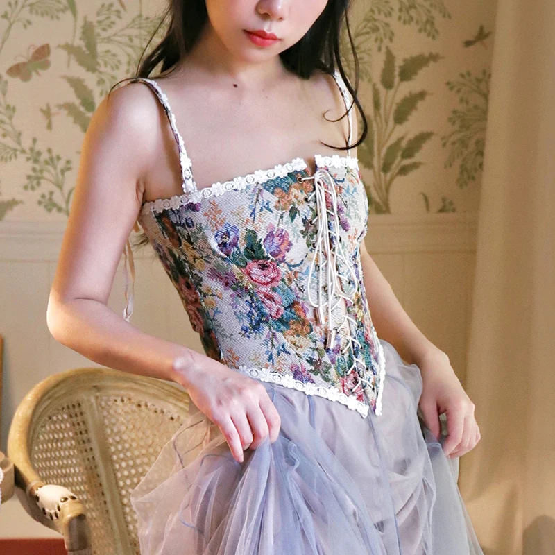 Французский винтажный корсет топы для ношения сексуальный с цветочным принтом