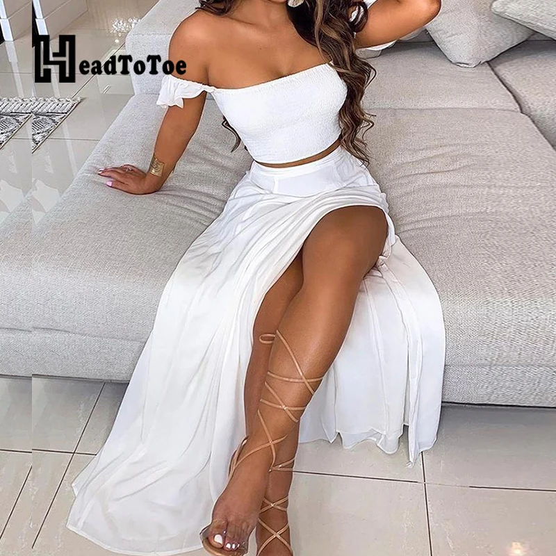 

Solid Split Draped Sexy Elegant 2 Piece Set Women Sleeveless Strapless Loose Wide Leg Slim High Waist Long Two Piece Outfits
