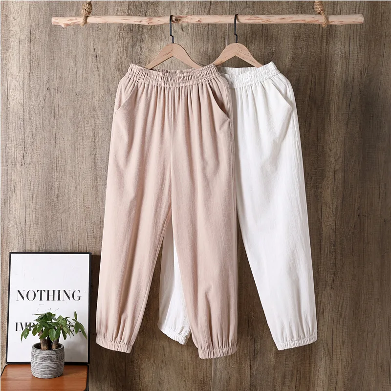

Casual Style Cotton Linen Pants Women 2021 Spring Summer New Elastic Waist Solid Basic Retro Loose Women's Harem Pants Trousers