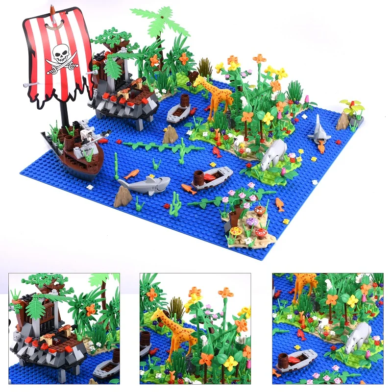 

Moc Diy Ocean Baseplate Forest Island Animal Shark Pirated Plant Tree Ships Building Blocks Model Assembly Bricks Kits Kids Toys
