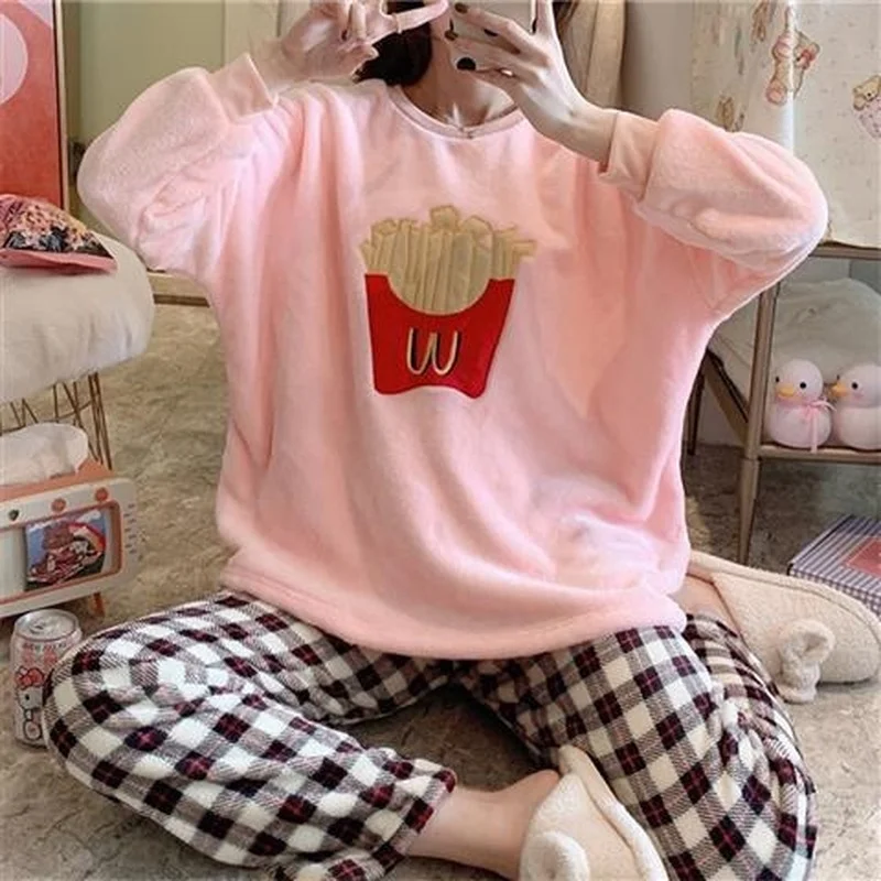 QWEEK Pajama Set Women Flannel Pyjamas Ice Cream Hamburger Fries Pattern Plaid Sleep Pants Loungewear Autumn Winter Pijamas Cute