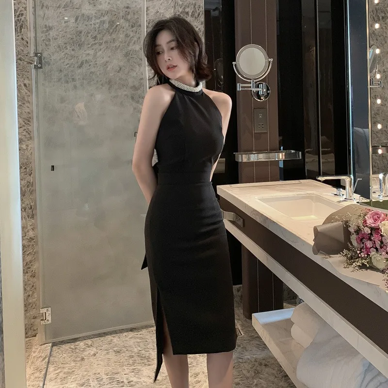 Женское черное платье без рукавов с разрезом повседневные комплекты из двух