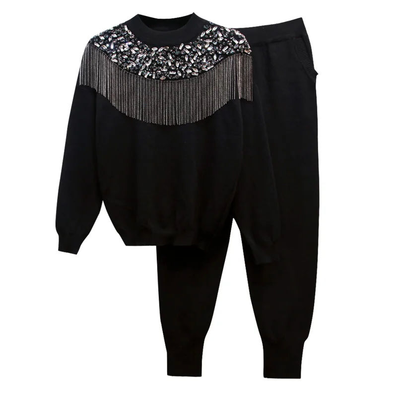 women two piece outfits new style fashion rhinestone fringed long-sleeved loose sweater sweater casual pants two-piece suit