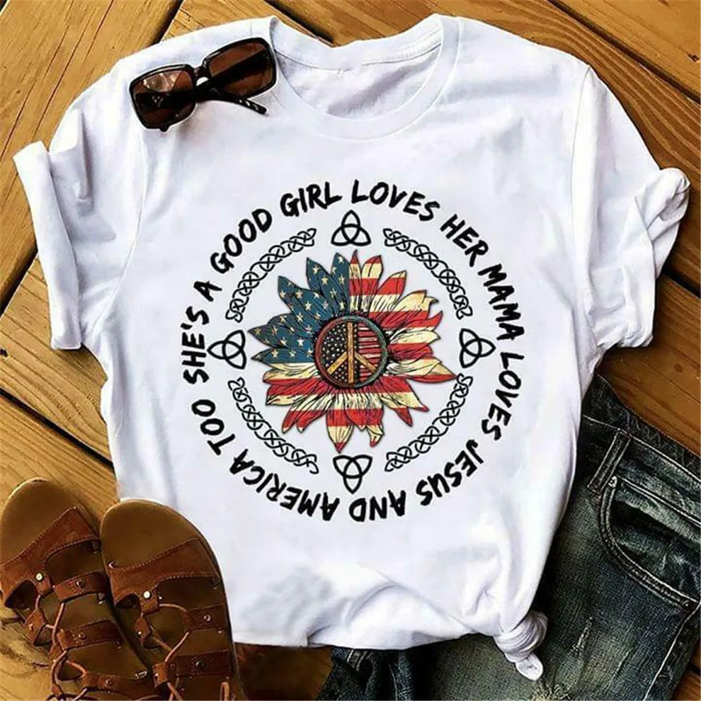 Винтажная футболка в стиле хиппи She'S A Good Girl Loves Her Mama белая хлопковая Футболка с S