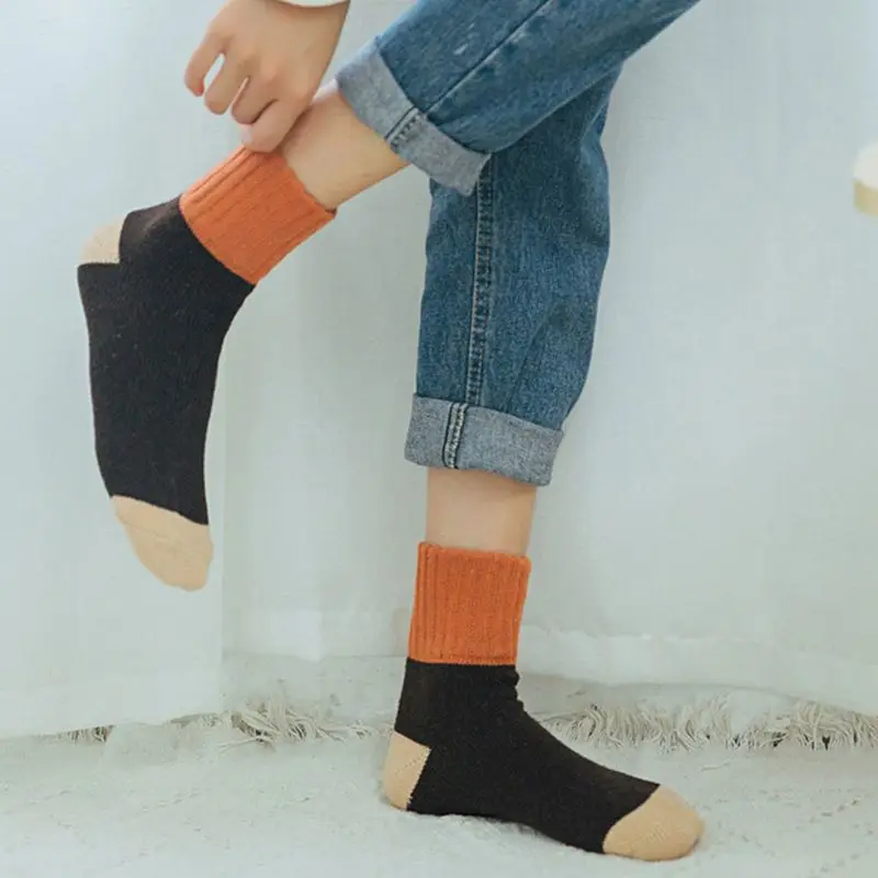 

5 Pairs Korean Women Faux Wool Crew Socks Color Block Winter Thick Warm Hoisery