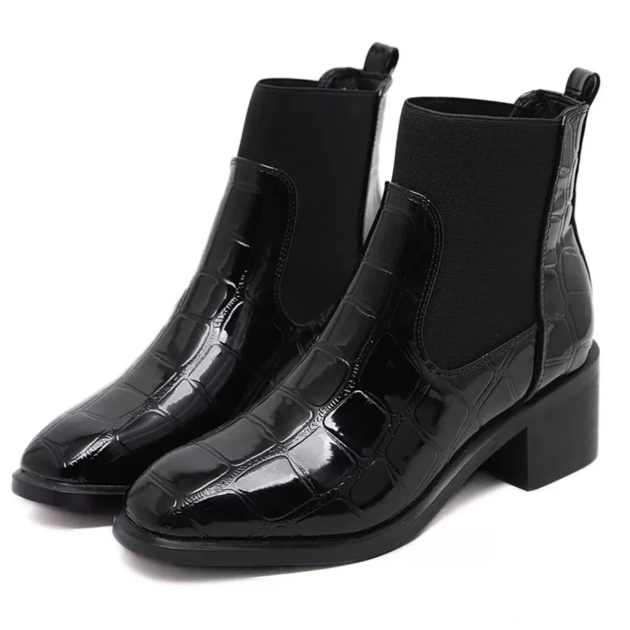 

Chelsea short boots women's British style autumn and winter new versatile patent leather thick heel Mid Heel barefoot boots