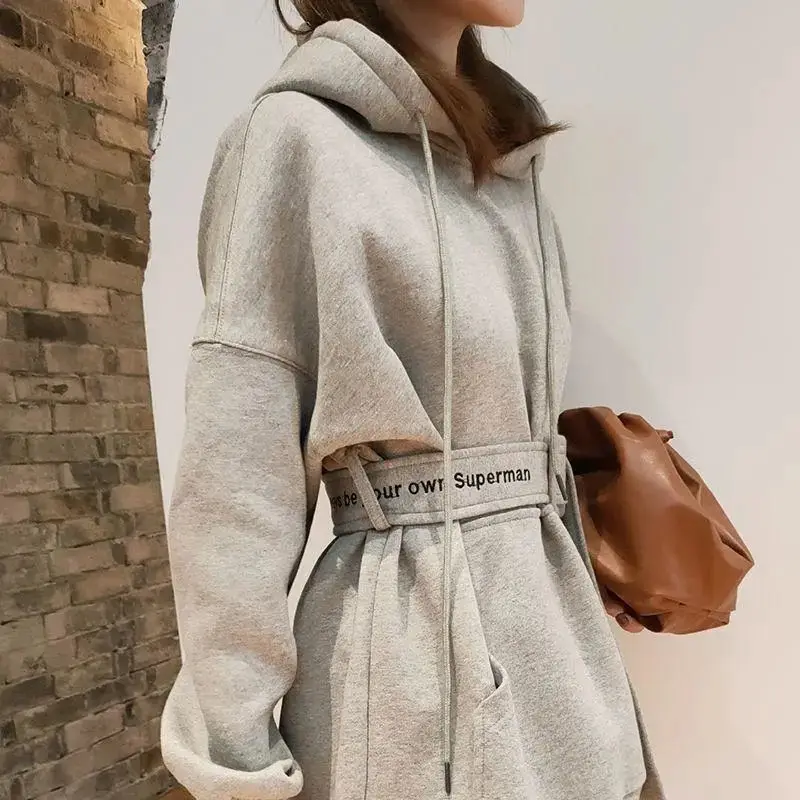 

Hooded sweater loose version 2021 autumn/winter Korean version of cashmere coat belt Joker slim