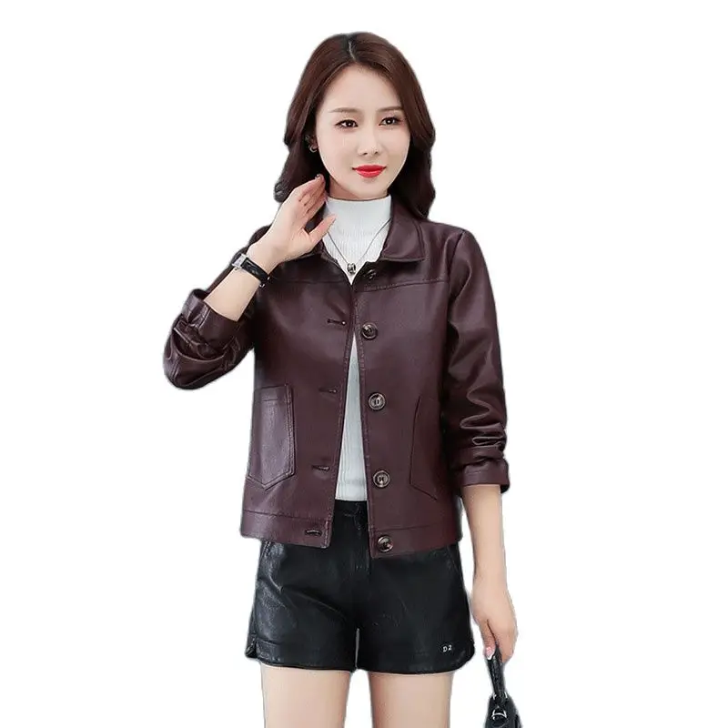 Новинка 2021, модное весеннее женское кожаное пальто, куртка из искусственной кожи, Осеннее короткое пальто, комфортная мотоциклетная Женская Повседневная Верхняя одежда W811
