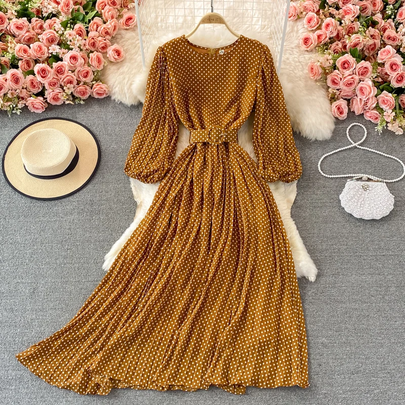 

Elegant Women's Purple Polka Dot Pleated Dress O-neck Lantern Sleeve Chiffon Mixi Dress 2021 Female Vestidos