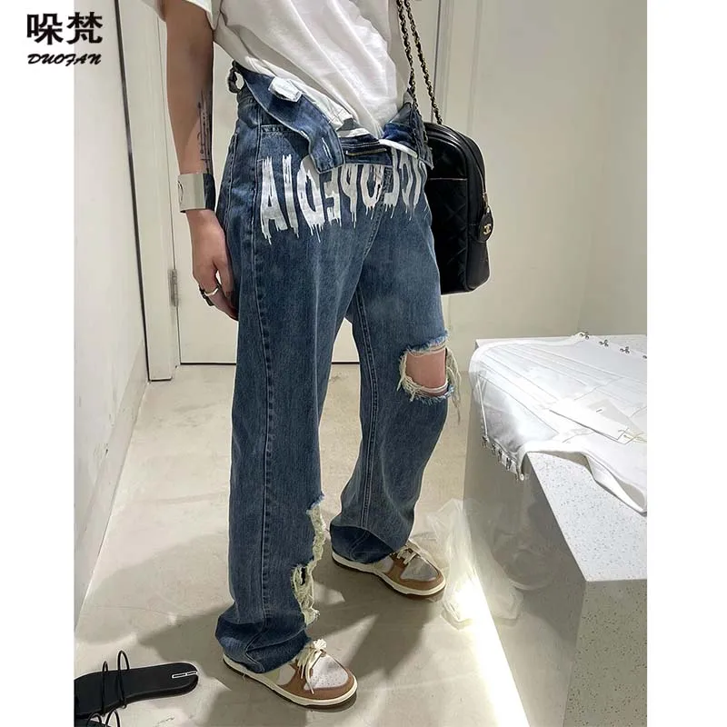 

DUOFAN Rippde Jeans 2021 Women High Waist Straight Denim Mom Pants Female Washed Blue Casual Cotton Print Streetwear Baggy Jeans