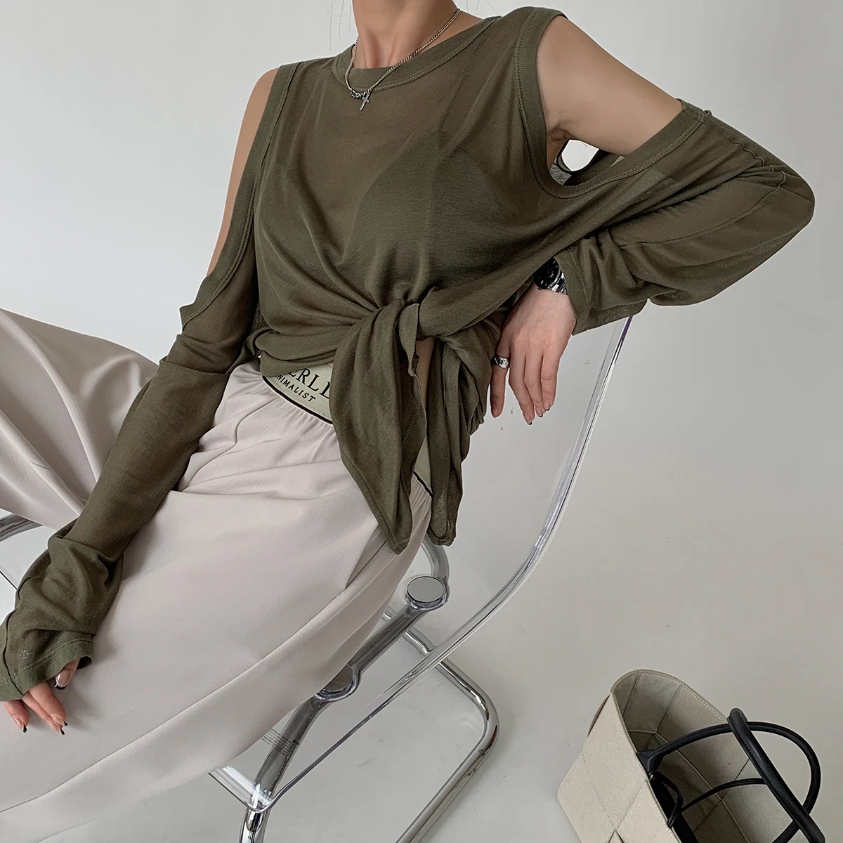 

HESAPP Design loose ice silk thin off-shoulder long-sleeved T-slit length blouse women camisetas tops summer clothes aesthetic