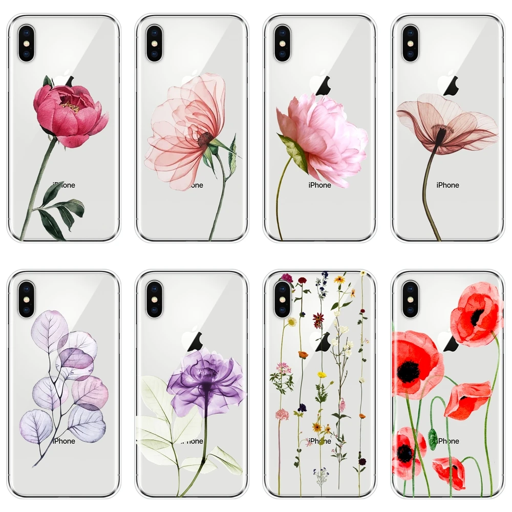 Задняя крышка для iPhone 6 S 7 8 X XR XS Max розовый красный цветочный лист силиконовый