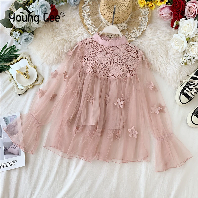 

Young Gee Lace Blouse Summer Spring Women Shirt Gauze Stand Collor 3D Flower Female Blouses Office Shirts Blusa Pink Black Tops