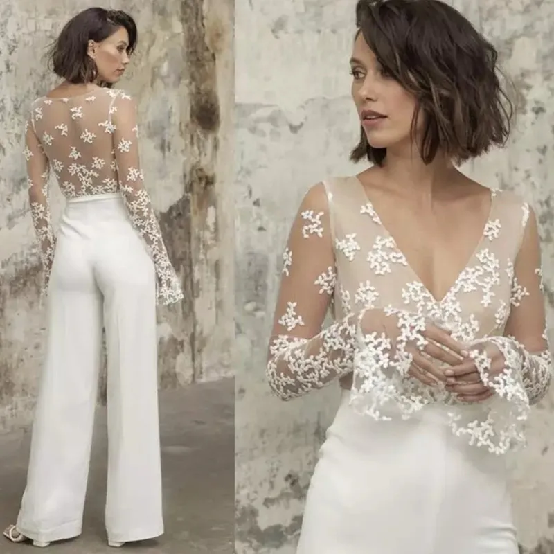 Wedding Pants Suit 2021 Sets Open Back Sexy V-Neck Top Lace Appliques Long Sleeves Illusion Jumpsuit Gowns Formal Bridal Outfit