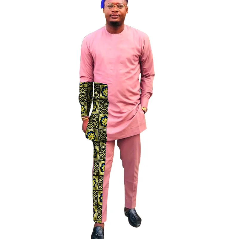 Modern Design African Fashion Pink Men's Pant Sets O Neck Top And Trouser Patchwork Male Outfits Dashiki Suits | Тематическая