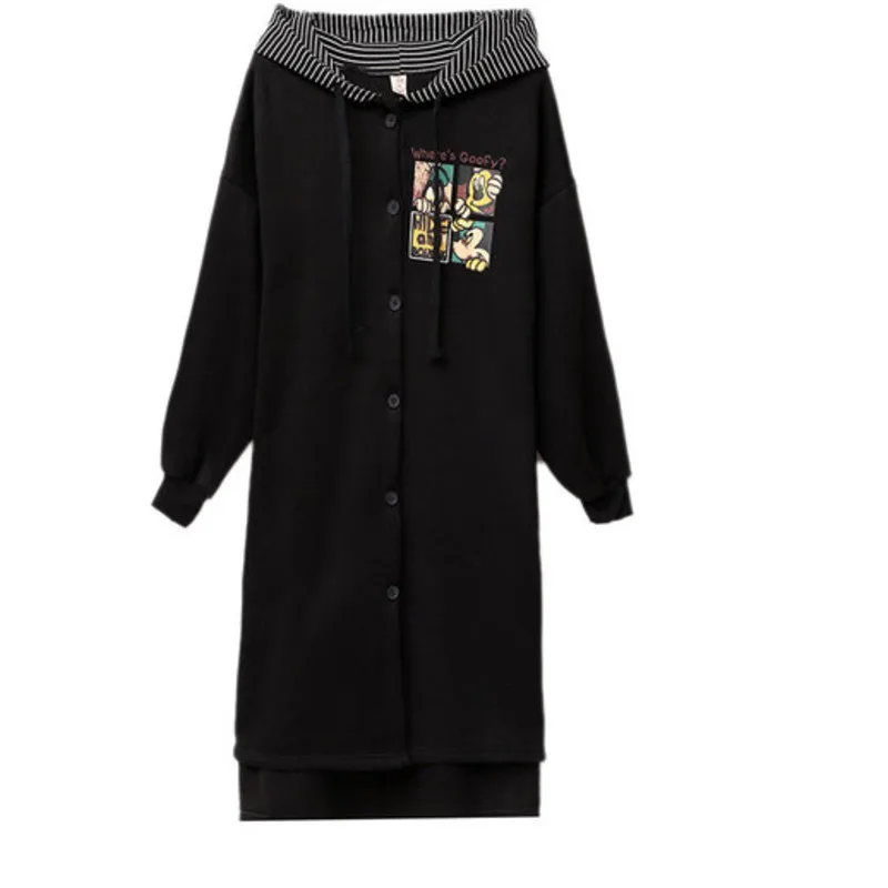 5XL куртка с капюшоном, Женское пальто, Осеннее, с принтом Микки, на молнии, размера плюс, длинное пальто, больше размера d, черное, с рисунком, ретро ветровка
