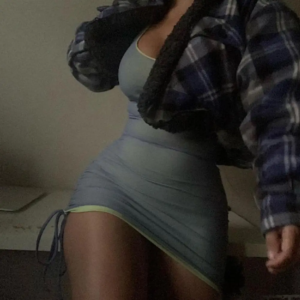 

2021 Sexy Women Bodycon Dress Solid Color Sleeveless Drawstring Low Cute Halter Skinny Mini Dress for Party Daily Wear Or Travel