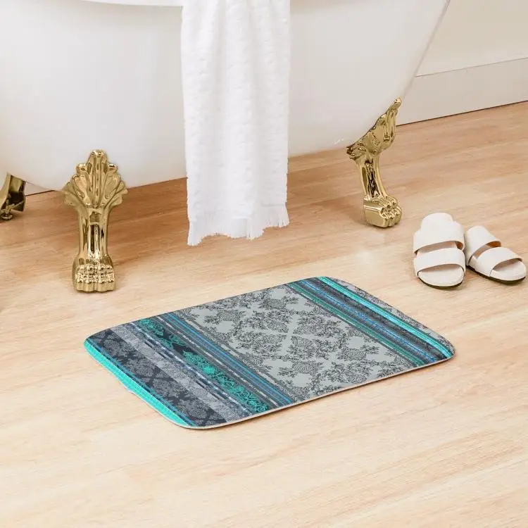 

Teal Aqua Grey Vintage Bohemian Wallp Bath Mat Shower Room Pad Decoration Rug Living Room Wash Carpet Floor Home Kitchen