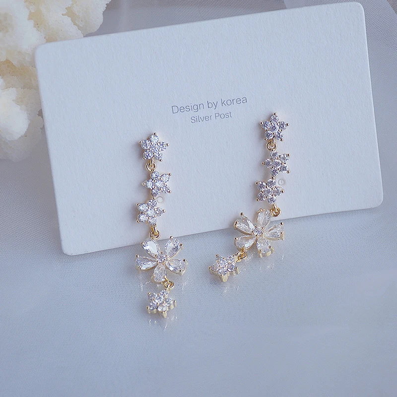 

Sweet Long Design Flower Earrings For Women Ins Bling AAA Zironia Stud Earring Wedding Jewelry Birthday Gift Accessories
