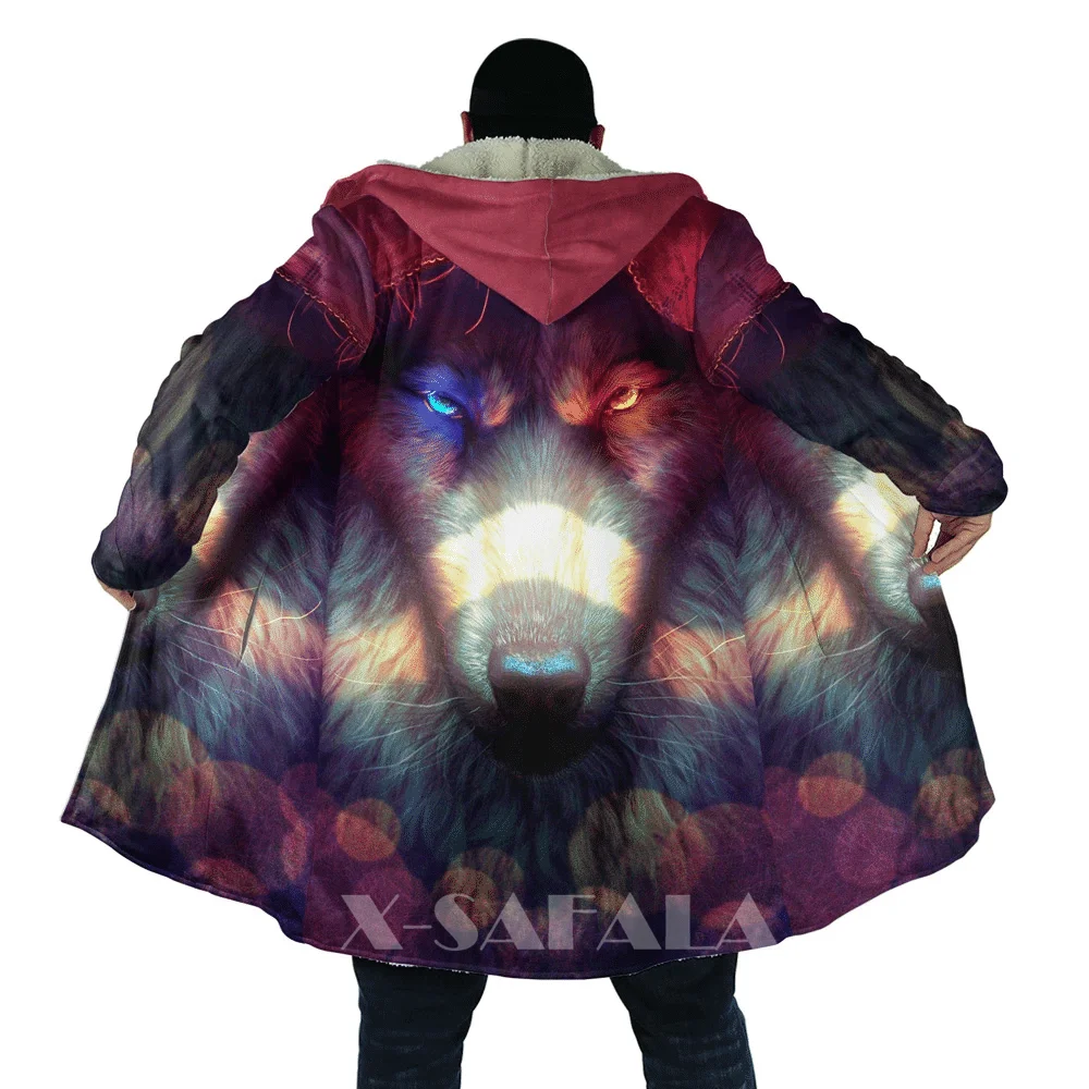 

Native Wolf Animal Feather All Over 3D Printed Overcoat Thick Warm Hooded Cloak Coat for Men Windproof Fleece Unisex Casual