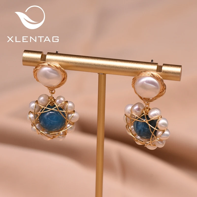 XlentAg серьги подвески с натуральным жемчугом Подсолнух Кианит синий камень