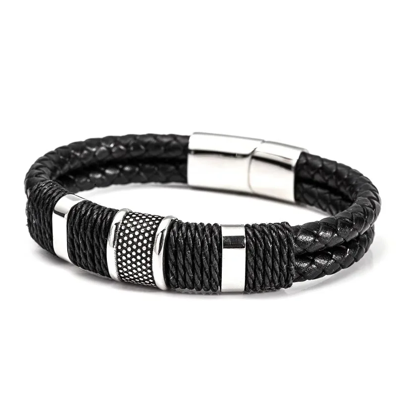 

Punk Bracelet Hand Weave Black Leather Rope Chain Stainless Steel Magnetic Bangles Men's Bracelets Friendship Gift