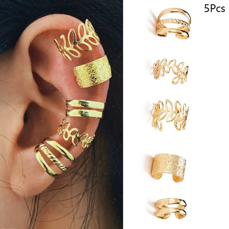

HMES 4Pcs Fashion Simple Golden Woman Earrings Ear Bone Clip Without Piercing Star Hollow Ear Clip Set Party Gift
