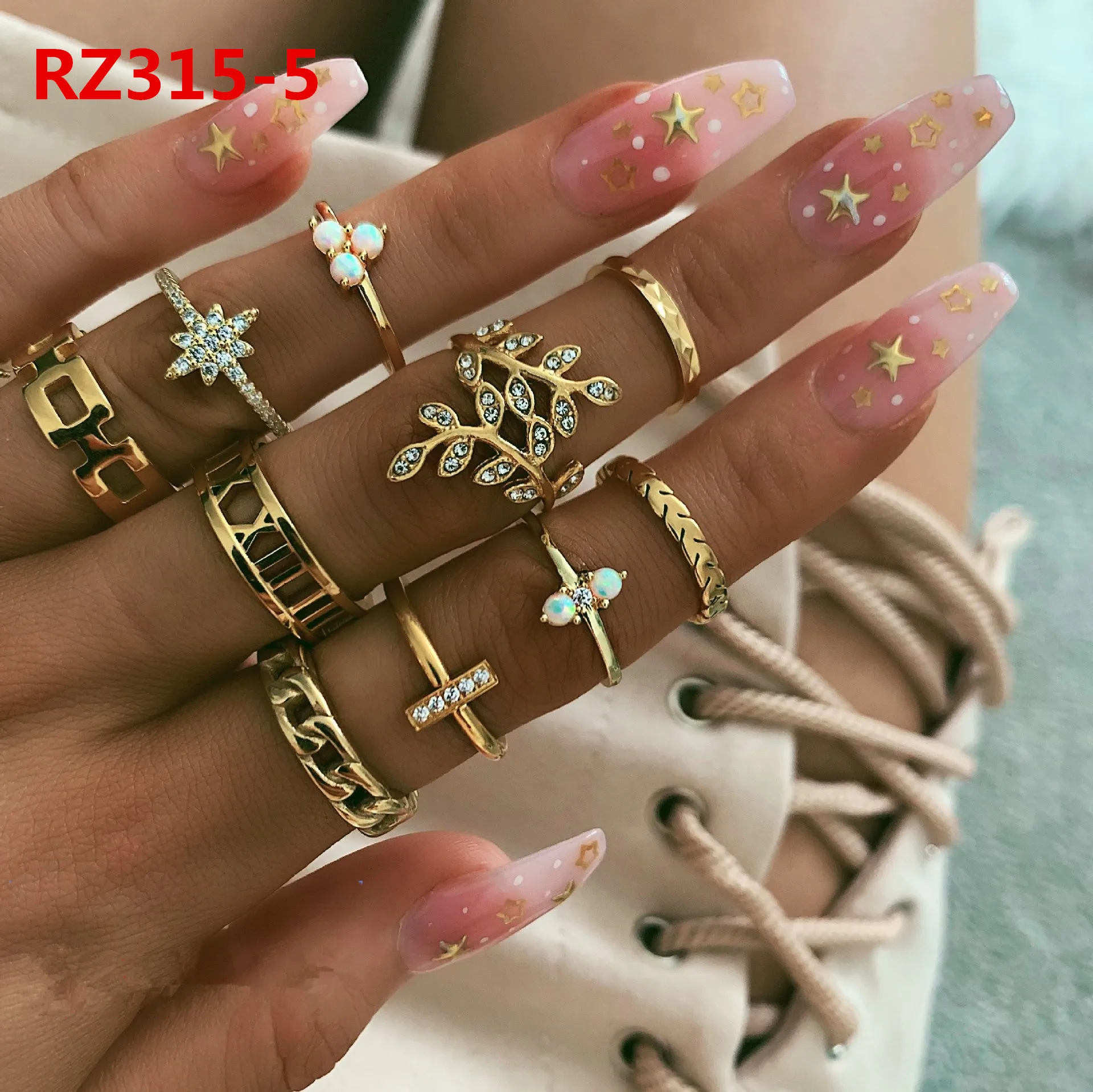 

Rhinestone 6 7 9 11P/Set Couple Ring Leaf Droplet Hollow Out Finger Knuckle Hoop Butterfly Moon Star Heart Shell Fashion Jewelry