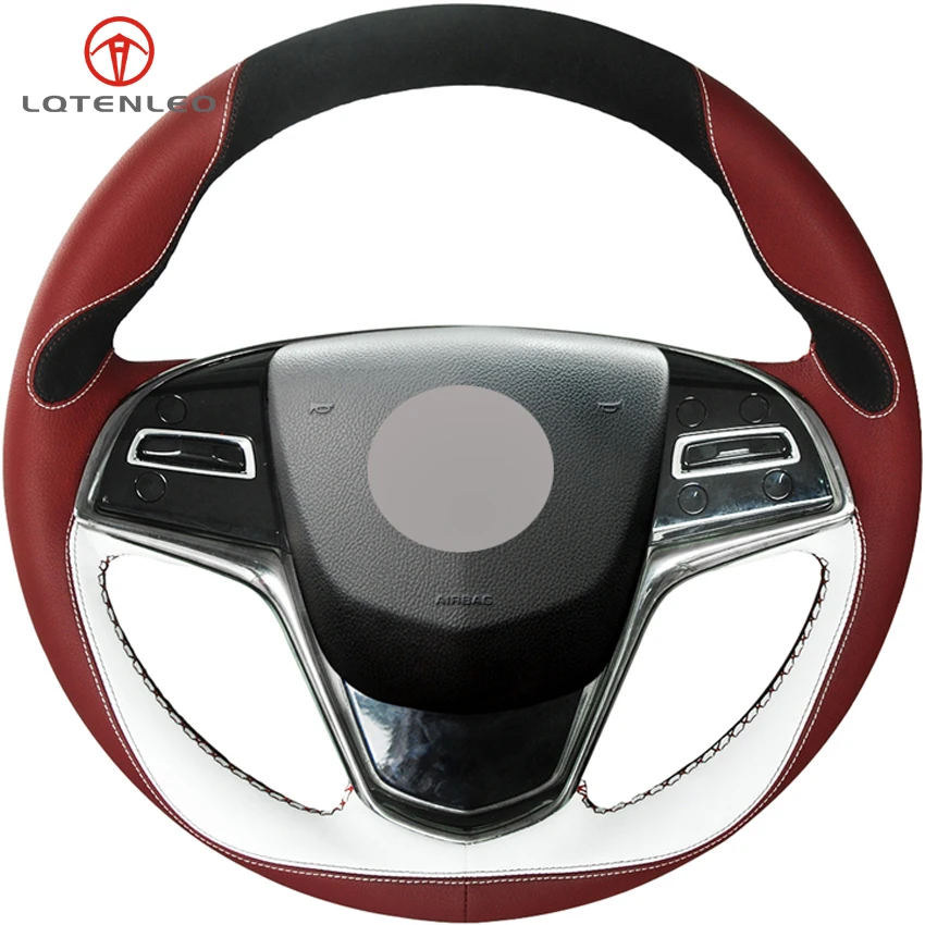 

LQTENLEO Black Suede Maroon White Leather Car Steering Wheel Cover For Cadillac ATS ATS-L 2013-2019 CTS 2014-2017 ELR 2014-2018