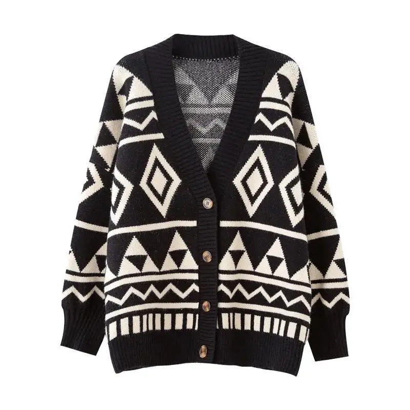

Geometric Argyle Print Knitted Cardigan Women Spring Thicken Loose Outerwear Sweater Jacket Autumn And Winter Long Sleeve Coats