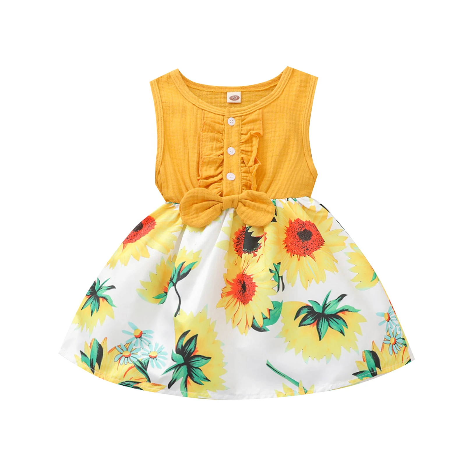 

Летнее дышащее платье для маленьких девочек, юбка принцессы без рукавов с цветочным принтом и круглым вырезом, украшенная пуговицами и бант...