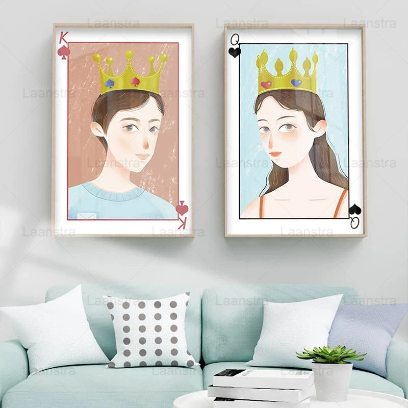 

Crown Boy Girl Illustration Wall Art Canvas Painting Fashion Red Spades Poker Figure Poster Nordic Home Living Room Decoration