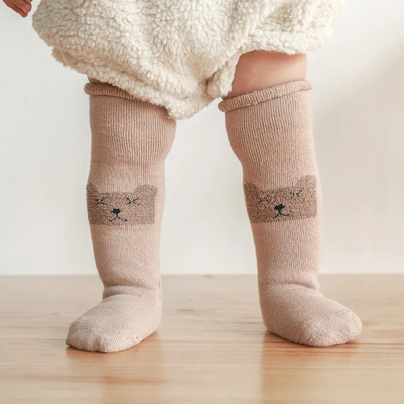 

Детские зимние Хлопковые гольфы до колена, теплые милые махровые плотные Гольфы с принтом животных для новорожденных мальчиков и девочек