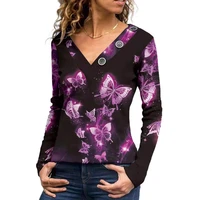 2021 autumn casual all match top long sleeve buttons oversized t shirt elegant fashion blouse butterfly print women shirt blouse
